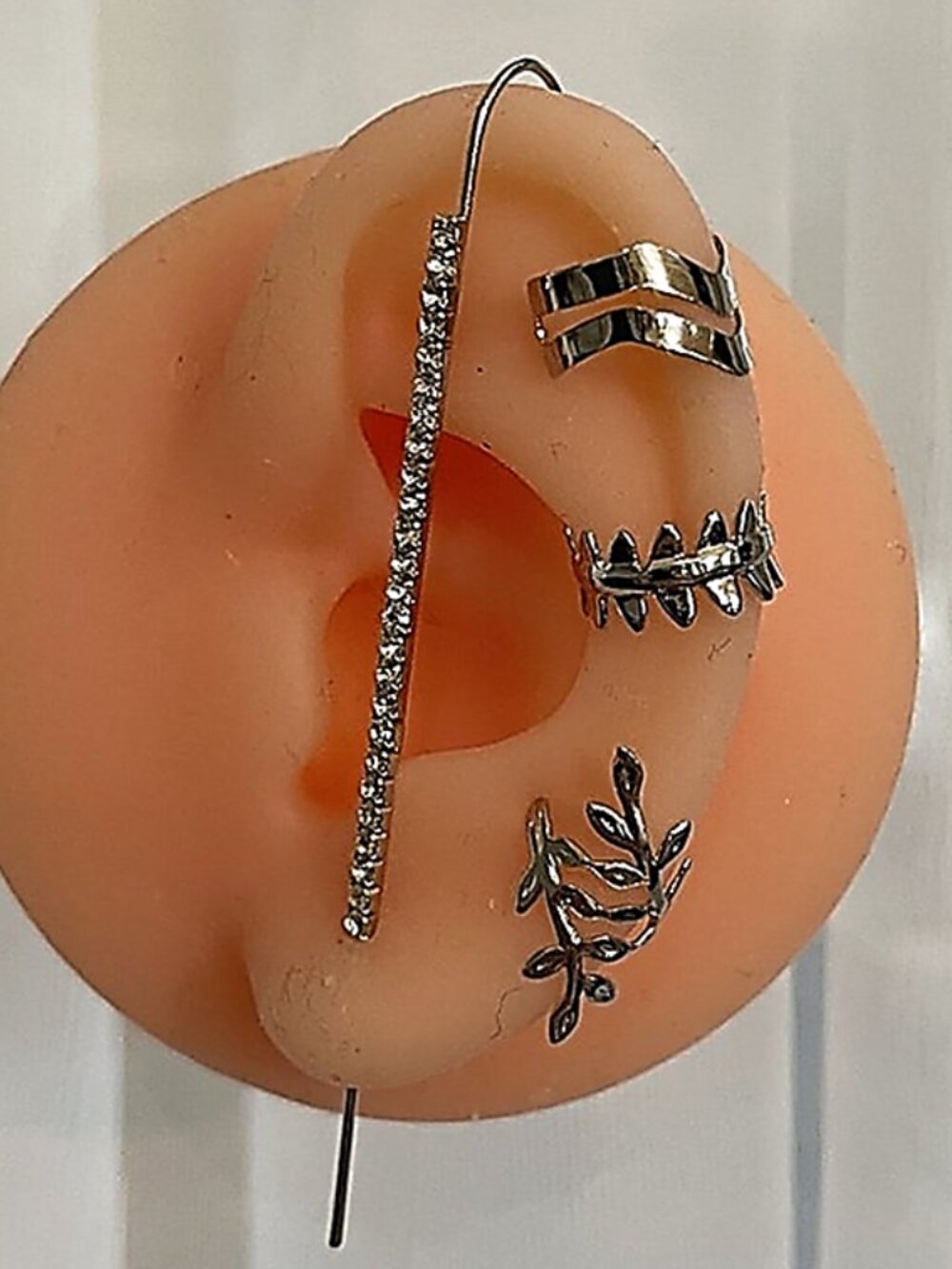 4pc Silver CZ Pave Ear Crawler Climber Bar & Cuff Set | Edgy Festival Adjustable